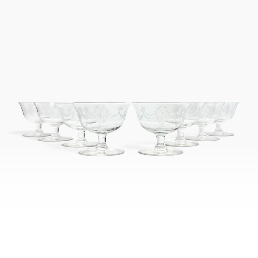1940s Vintage 10 Etched Coupe Champagne Glasses 3 1/4” 6oz Federalist-Style